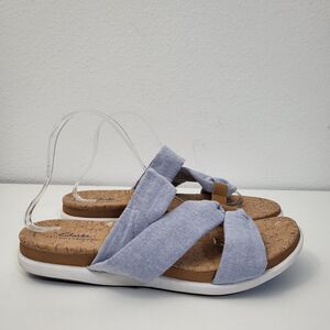 CLARKS Sandals Womens 11 M Eliza Skip Blue Linen Comfort Slip On Flats Slides